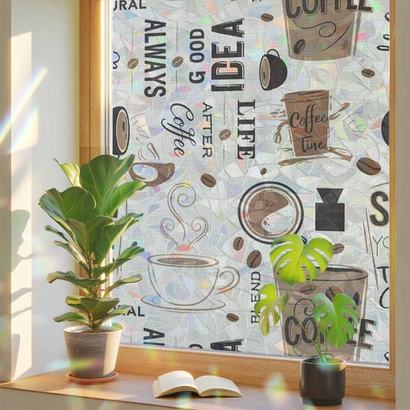 Coffee Privacy Window Film, Decorative Stained Glass Window Film, Brown Beans Cup Dessert Drink Monochrome Resuable Rainbow Static Cling for Home Bathroom Living Room Glass Door 17.7"x39.3"