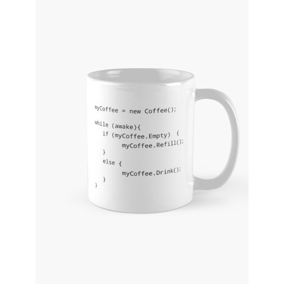 Coffee Programming Code Logic Mug, 11oz Ceramic, Black and Dark Gray Typography