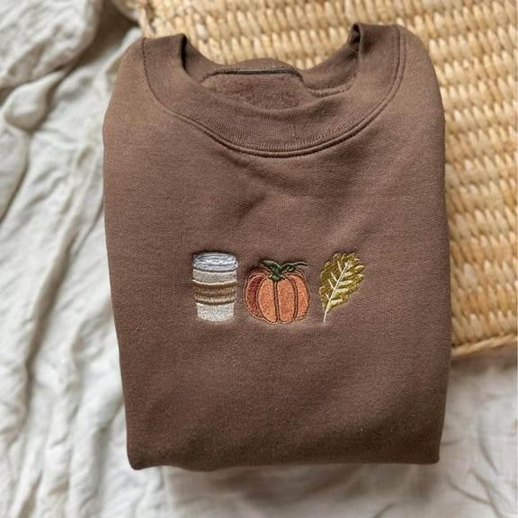 Coffee Pumpkin Leaf Fall Embroidered Sweatshirt