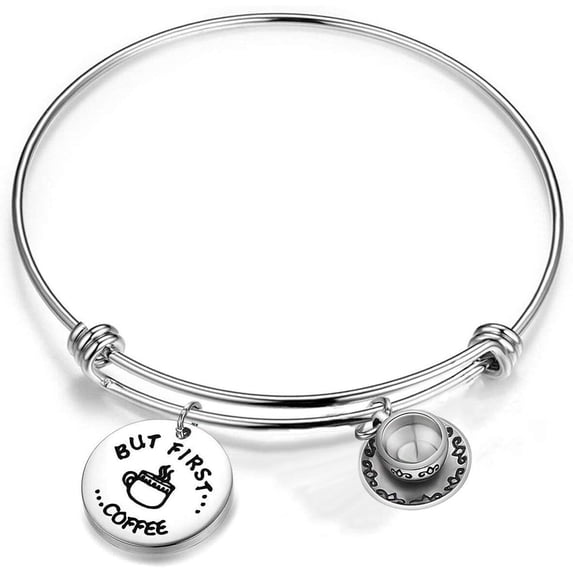 Bobauna "But First Coffee" Expandable Wire Bangle Bracelet - Stainless Steel Coffee Lover Jewelry Gift