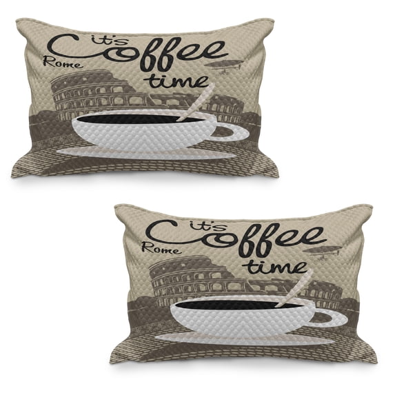 Coffee Quilted Pillowcover Set of 2, It's Coffee Time Text with Rome Landmark Collesium, Standard Queen Size Pillow Cover for Bedroom, 36" x 20", Tan Grey Yellow, by Ambesonne
