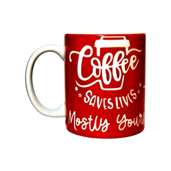Coffee Quips 12 oz Red Coffee Saves Lives Ceramic Mugs