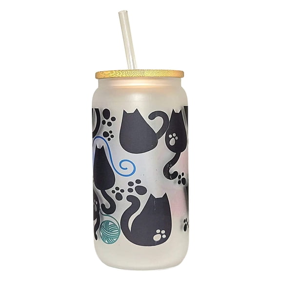 Coffee Quips Crafted Fat Cats chasing Yarn Balls 16oz Glass Can Tumbler