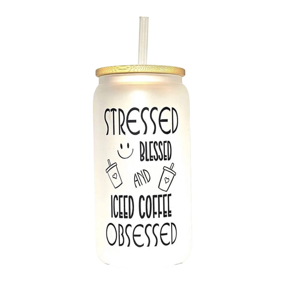 Coffee Quips Crafted Stressed and Iced Coffee Obsessed Glass Can Tumbler