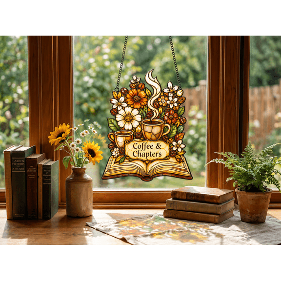 Coffee Reader Suncatcher Window Hanging with Book, Flowers & Cozy Coffee Theme