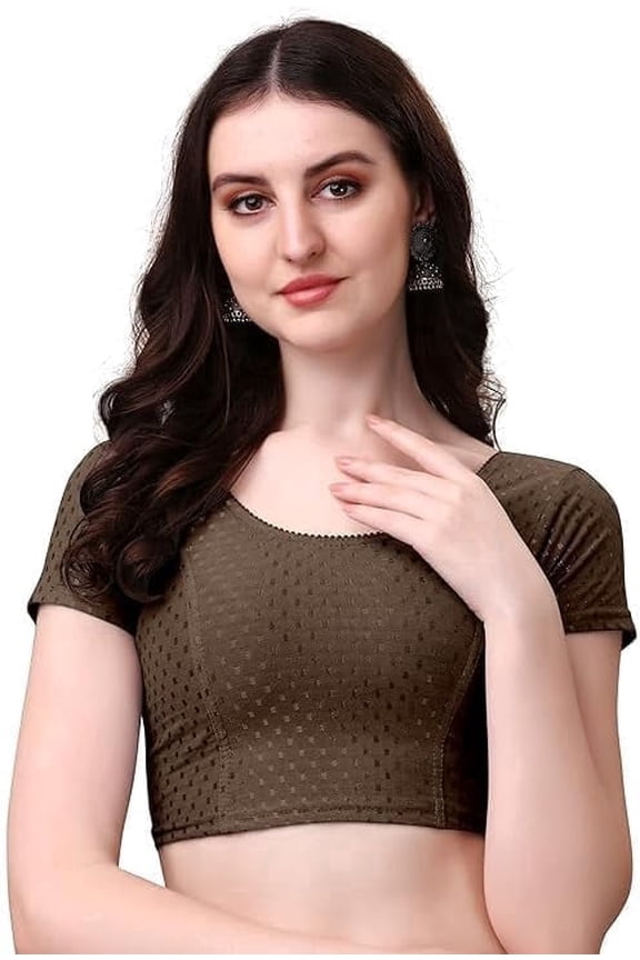 Coffee Readymade Saree Blouse with Short Sleeves, Stretchable Ethnic Blouse for Daily and Festive Wear