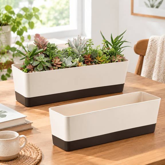 Coffee Rectangular Plant Pot with Drain Tray, 16.7" Planter Box for Cacti Herbs