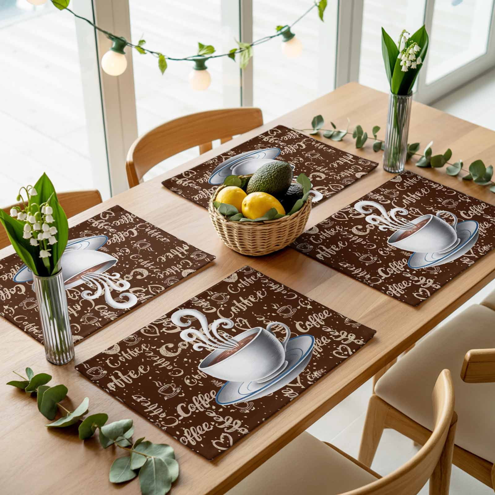 Fancy Table Mat Background Coffee Retro Brown Placemats Set of 4,Wipeable Washable Table Mats for ...