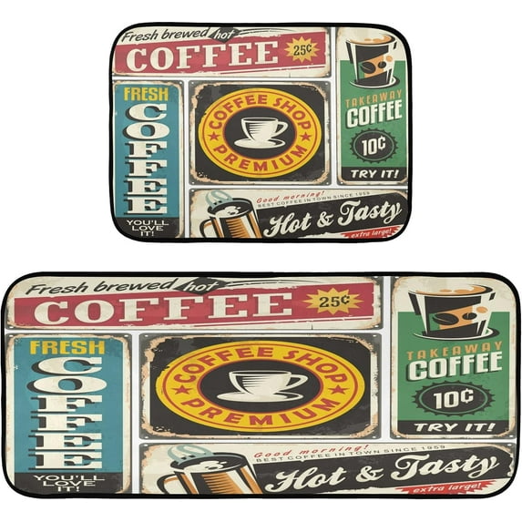 Coffee Retro Cafe Design Kitchen Mats Farmhouse Kitchen Rugs Runner Laundry Rug Non Slip Floor Door Mats Soft Doormats Carpet Home Decor Set of 2