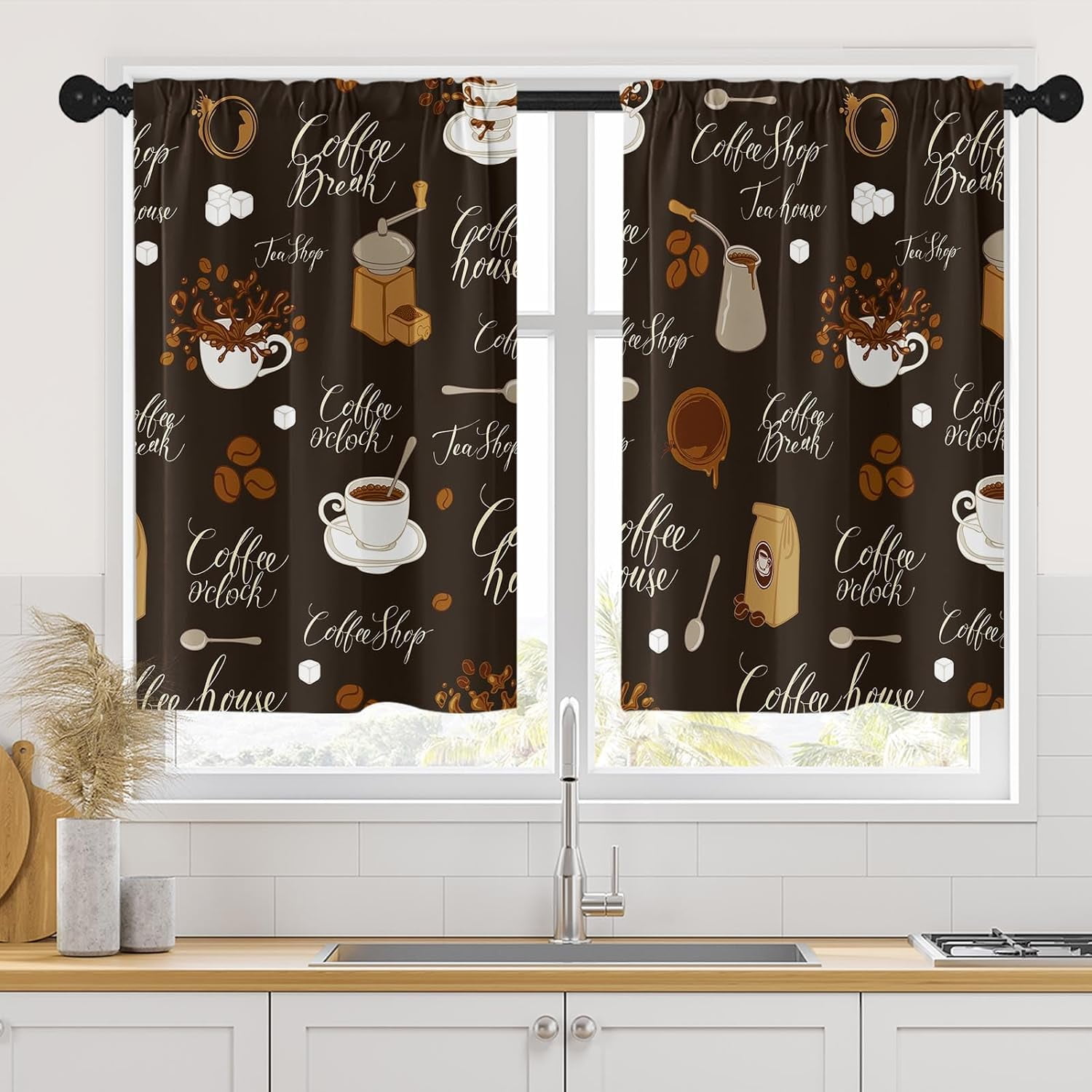 Coffee Retro Cafe Kitchen Curtains, Chocolate Sugar Cup Short Window