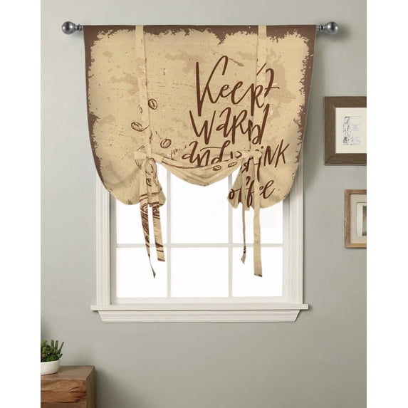 Coffee Retro Style Window Curtain Tie Up Curtains for Kitchen Living Room Adjustable Rod Pocket Drapes