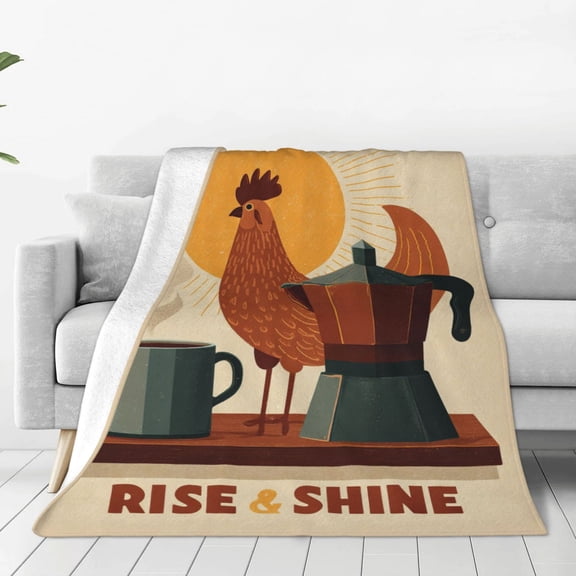 Coffee Rooster Morning Blanket, Rise and Shine Art, Soft Flannel Fleece, Coffee Lover Gift 50x40