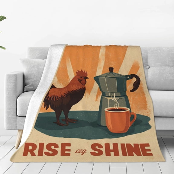 Coffee Rooster Morning Blanket, Rise and Shine Art, Soft Flannel Fleece, Coffee Lover Gift 50x40