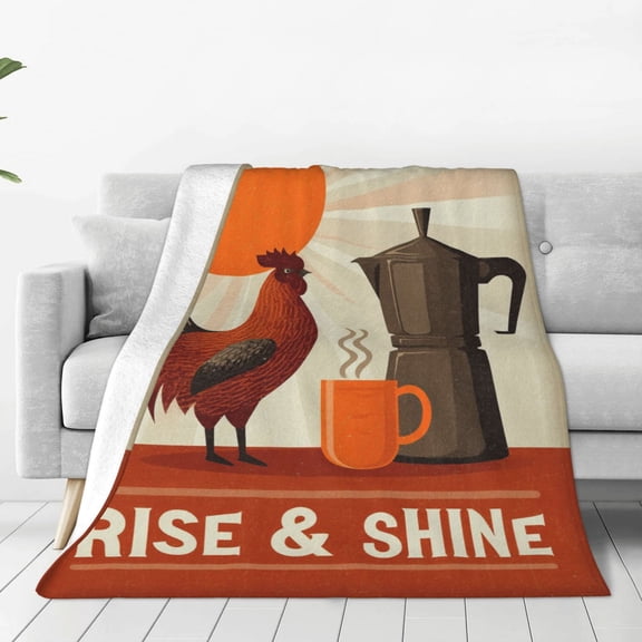 Coffee Rooster Morning Blanket, Rise and Shine Art, Soft Flannel Fleece, Coffee Lover Gift 50x40