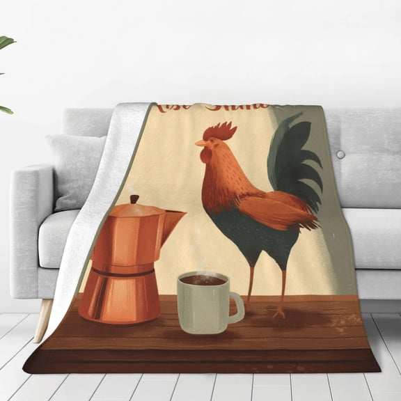 Coffee Rooster Morning Blanket, Rise and Shine Art, Soft Flannel Fleece, Coffee Lover Gift 60x50