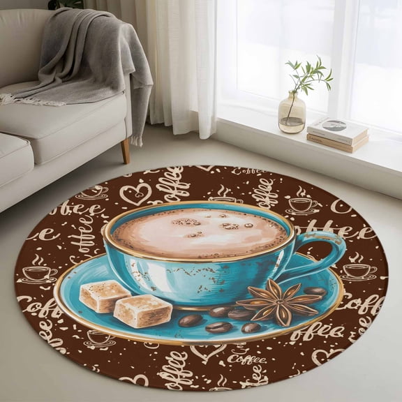 Coffee Round Area Rug 3.3 FT, Non Slip Small Entryway Kitchen Mat, Brown Teal Pastoral Vintage Art Washable Soft Circular Rug Non-Shedding Door Mat for Bathroom Playroom Kids Room