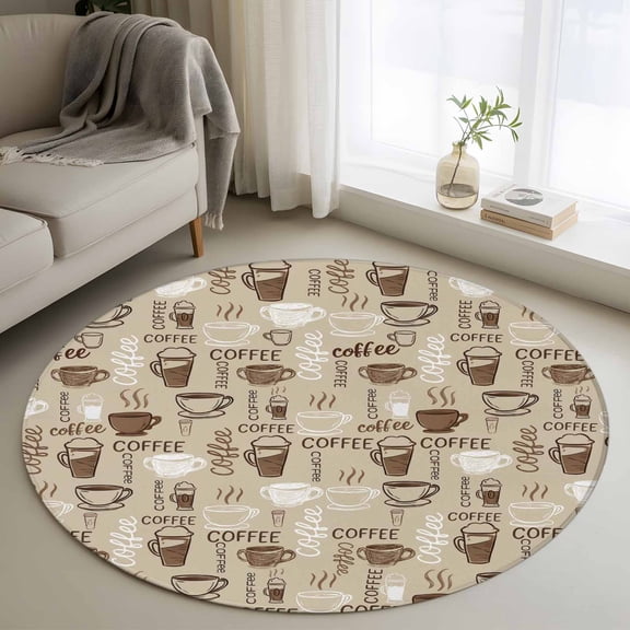 Coffee Round Area Rug 4 FT, Non Slip Indoor Outdoor Rug, Beige Farmhouse Retro Beans Latte Tea Cup Funny Washable Soft Circular Carpet Non-Shedding Floor Mat for Coffee Table Nursery Foyer Balcony