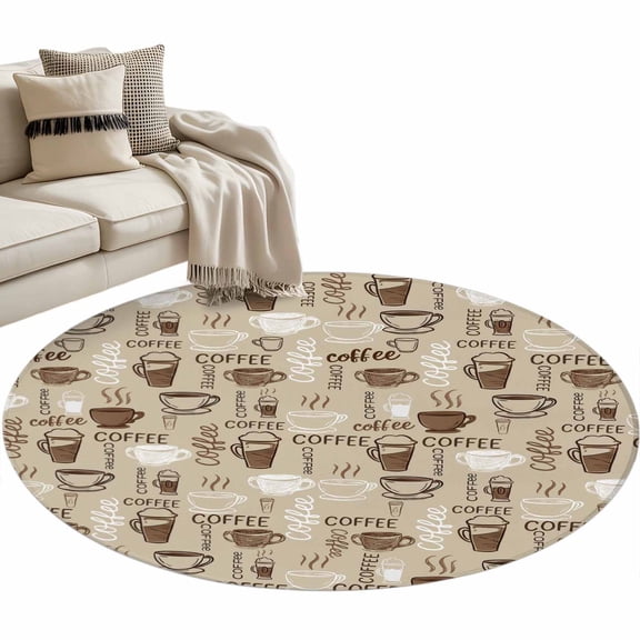 Coffee Round Area Rug 4ft, Beige Farmhouse Retro Beans Latte Tea Cup Funny Washable Non-Slip Circle Rugs for Bedroom Living Room Kitchen, Soft Non Shedding Circle Carpet for Dining Room Dorm