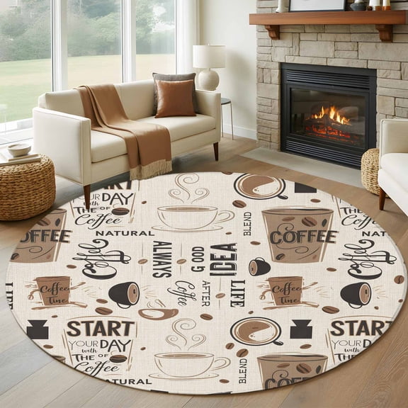 Coffee Round Area Rug 7 FT, Non Slip Living Room Area Carpet, Brown Beans Cup Dessert Drink Monochrome Washable Soft Circular Rug Non-Shedding Floor Carpet for Bedside Office Play Room Classroom