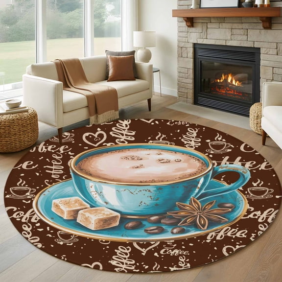 Coffee Round Area Rug 7 FT, Non Slip Living Room Area Carpet, Brown Teal Pastoral Vintage Art Washable Soft Circular Rug Non-Shedding Floor Carpet for Bedside Office Play Room Classroom