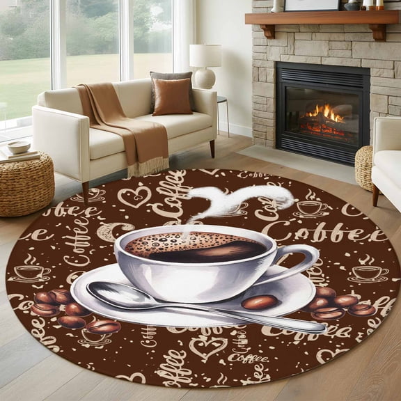 Coffee Round Area Rug 7 FT, Non Slip Living Room Area Carpet, Vintage Art Pastoral Washable Soft Circular Rug Non-Shedding Floor Carpet for Bedside Office Play Room Classroom