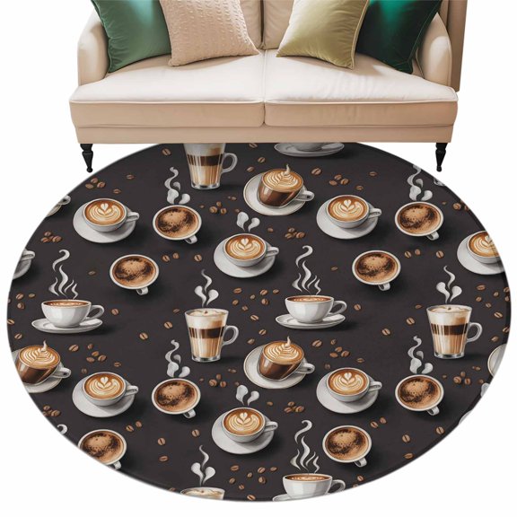 Coffee Round Area Rugs Collection 5', Hot Cafe Cup Beans Modern Retro Black Non Slip Indoor Circular Throw Runner Rug Floor Mat Carpet for Living Room Dining Table Bedroom Nursery