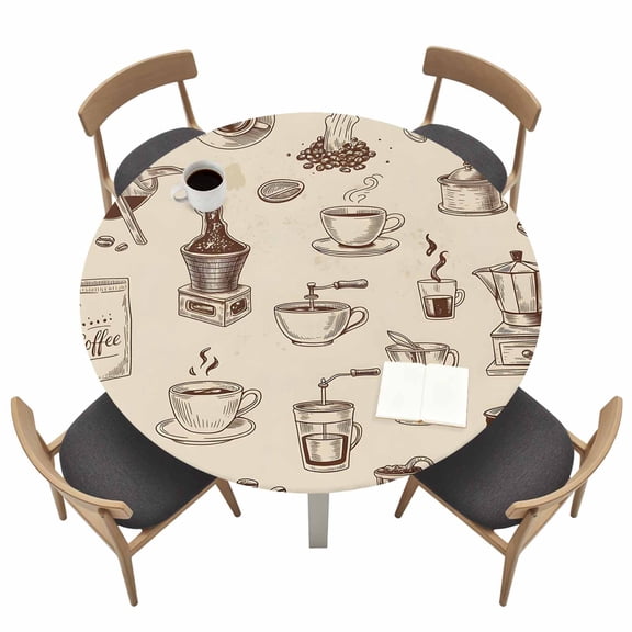 Coffee Round Fitted Tablecloth with Elastic Edge Vintage Coffee Beans Brewing Equipment Linen Texture Table Cover Fit for 36"-44" Tables Waterproof Tablecloths for Dinner Camping Picnic