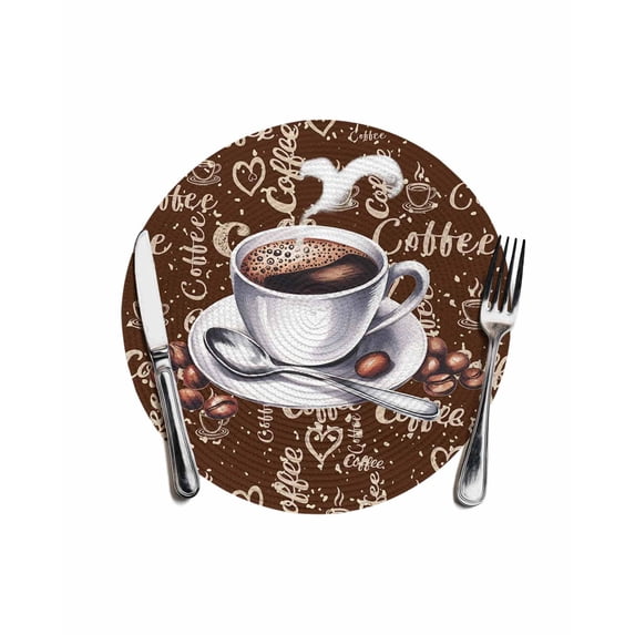 Coffee Round Placemats for Dinning Tables, Heat-proof Braided Table Mats 13 Inch, Vintage Art Pastoral Washable Place Mat for Kitchen Restaurant Party Decor Supplies Table Setting