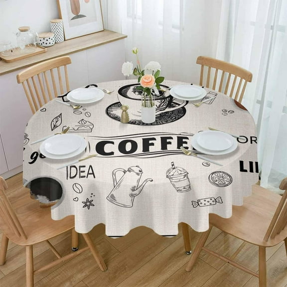 Coffee Round Tablecloth 60 Inch - Waterproof Fabric Table Cloth Protector, Farmhouse Rustic Coffee Theme Tablecloths Washable Table Cover for Kitchen Banquet Coffee Table Outdoor Party
