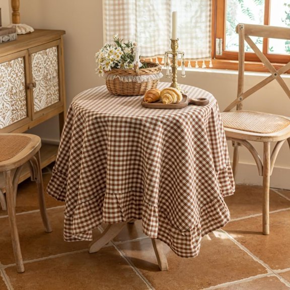Coffee Ruffled Table Cover Linen Square Gingham Tablecloth Classic Checkered Table Cover Decorative Buffalo for Holiday Party 55 x 55Inches