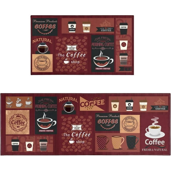 Coffee Rugs for Kitchen - Kitchen Mat Set of 2, Red Kitchen Rugs Farmhouse Style, Coffee Kitchen Mat, Cafe Kitchen Floor Mat Runner Rug, Cafe Coffee Kitchen Decor and Accessories, 17x30 and 17x47 Inch