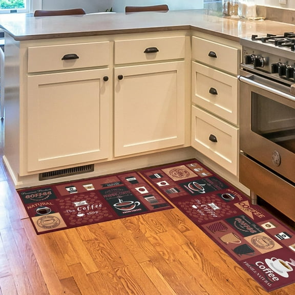 Coffee Rugs for Kitchen - Kitchen Mat Set of 2, Red Kitchen Rugs Farmhouse Style, Coffee Kitchen Mat, Cafe Kitchen Floor Mat Runner Rug, Cafe Coffee Kitchen Decor and Accessories, 17x30 and 17x47 Inch