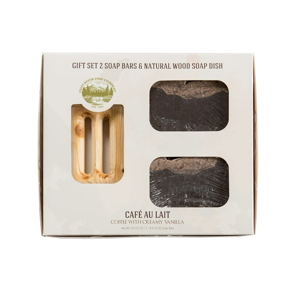 Coffee Scrub Soap Bar (GIFT SET) and Natural Wood Soap Saver, treats and gentle on sunburn and winter-reddened skin, Natural Handmade Soap by Falls River Soap