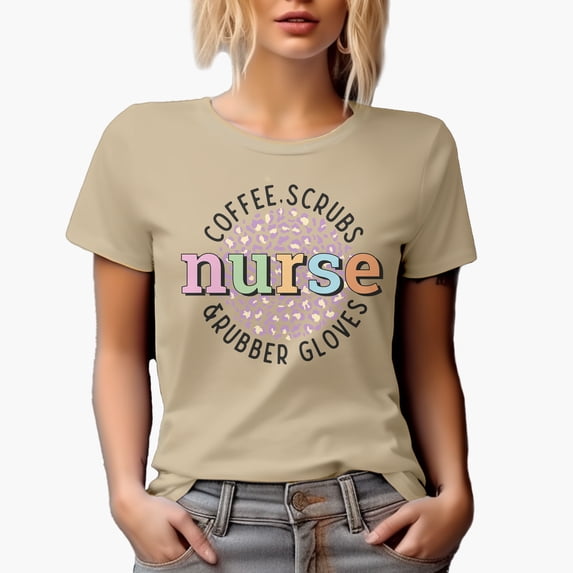 Coffee, Scrubs & Rubber Gloves, Nurse Themed Art Merch Gift, Tan T-Shirt, 2XL