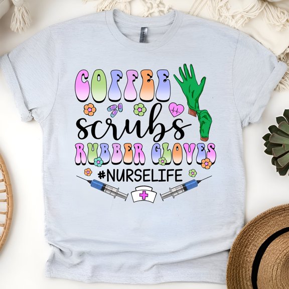 Coffee Scrubs Rubber Gloves T-Shirt | Funny Nurse Life Graphic Tee, Ash, Size M