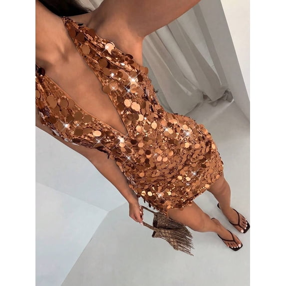 Coffee Sequin Deep V-Neck Halter Backless Mini Dress For Women Night Out Club Party Disco