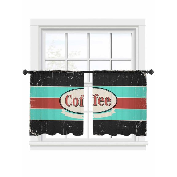 Coffee Sheer Curtains 2 Panels Set Shabby Chic Blue Red Stripes Letter Print Casual Vintage Sheer Window Curtains Light Filtering Rod Pocket Voile Drapes for Bedroom Living Room 52"x45"