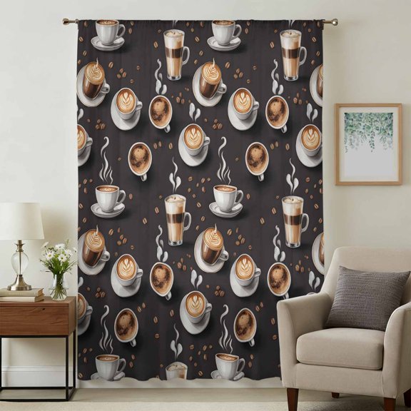 Coffee Sheer Curtains 45 Inches Long, Hot Cafe Cup Beans Modern Retro Black Light Filering Curtains, Breathable Simi Curtain Privacy Drapes for Kitchen Bathroom Lightweight Small Window Treatment