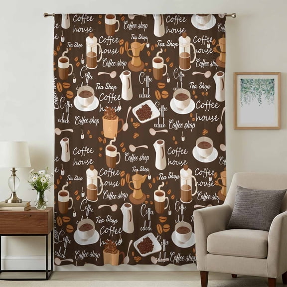 Coffee Sheer Curtains 54 Inches Long for Bedroom, Brown Retro Coffee Theme Beans Latte Tea Cup Light Filtering Privacy Drapes, Breathable Semi Sheer Window Treatment for Bathroom Dining Room Kitchen