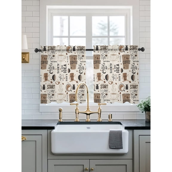 Coffee Sheer Kitchen Tier Curtains 24 Inch length,Rod Pocket Half Curtains Short Drapes,Brown Beans Cup Dessert Drink Monochrome Light Filtering Chiffon Small Window Treatments 2 Panels 27.5"W x 24"L