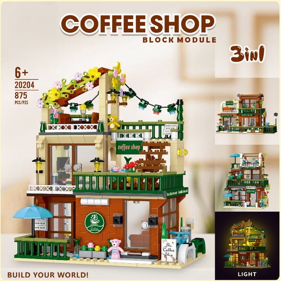 Coffee Shop Building Sets 875PCS 3 in 1 City Street Block Modular with Light DIY Craft Construction Kit for Kids and Adults Gift