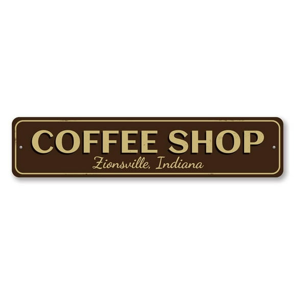 Coffee Shop City State Sign, Store Location Sign, Custom Kitchen Sign, Coffee Bar Aluminum Sign - 4x18 inches