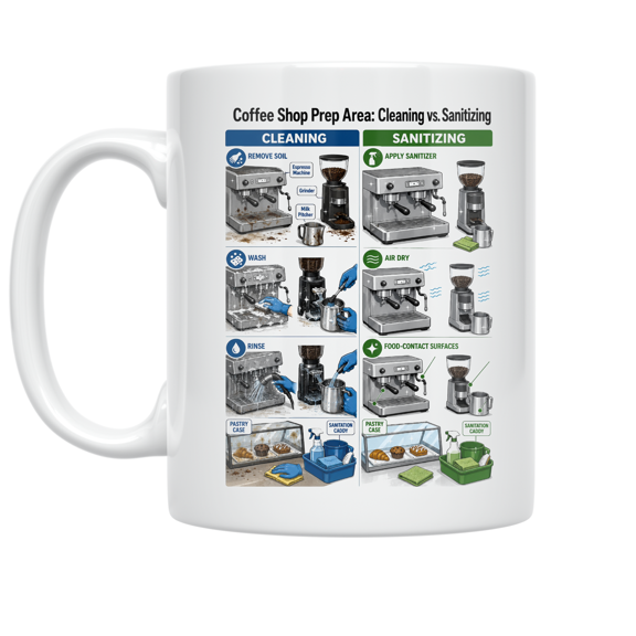 Coffee Shop Cleaning vs. Sanitizing Reference - Barista Training - 11 oz Ceramic Mug
