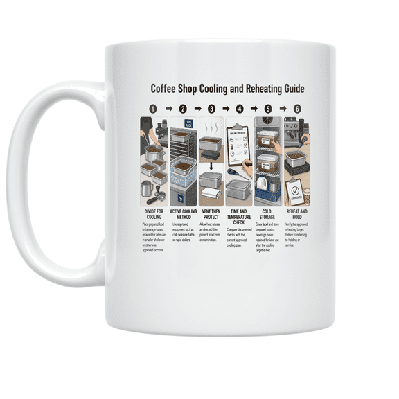 Coffee Shop Cooling and Reheating Guide - Barista Training, 11 oz White Ceramic Coffee Mug
