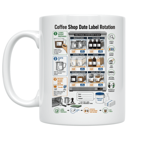 Coffee Shop Date Label Rotation Mug, Baristas and Hospitality Training, 11 oz White Ceramic