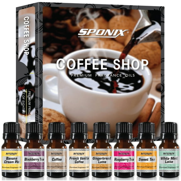 Coffee Shop Fragrance Oils (10 ml x 8) Coffee, Gingerbread Latte, White Mint Latte, Blackberry Tea, Raspberry Tea, Sweet Tea, French Vanilla Coffee, Banana Cream Pie Essential Gift Set of 8 by Sponix
