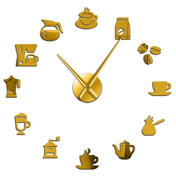 Coffee Shop Frameless Wall Clock Stickers, DIY Modern Decorative Clocks for Living Room, Bedroom, Office - Easy to Install, Large 3D Clock Design (Gold,27in)
