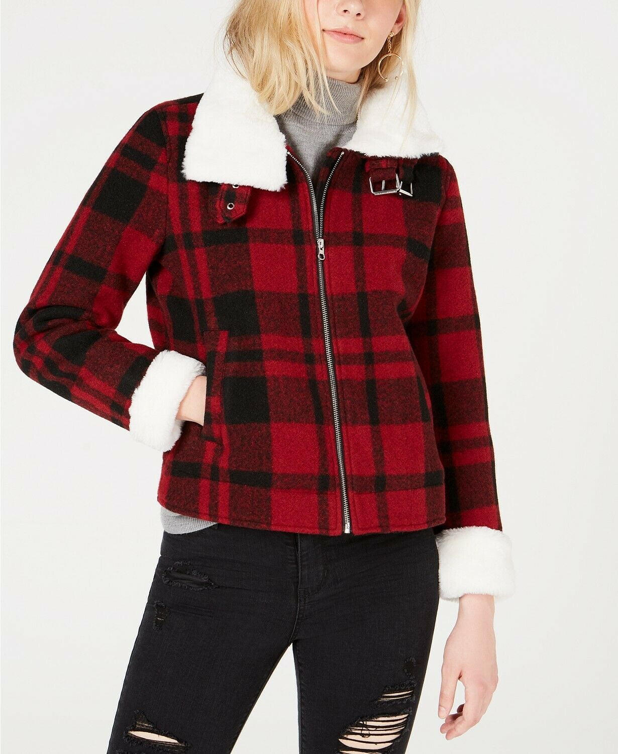 Coffee Shop Juniors Women's Faux-Fur-Collar Plaid Jacket, Red/Black Large - NEW