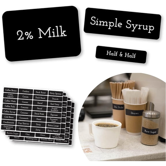 Coffee Shop Labels- 328 Preprinted Adhesive Labels for Restaurant, Cafe and Coffee Shop Condiment Stations and More