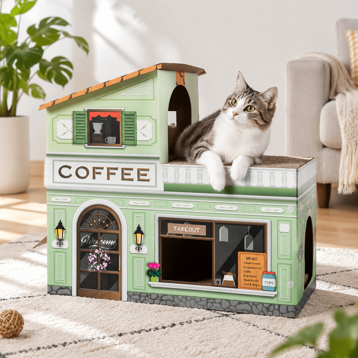 Coffee Shop Large Sturdy Cardboard Cat House with Scratchers Indoor Pet ...